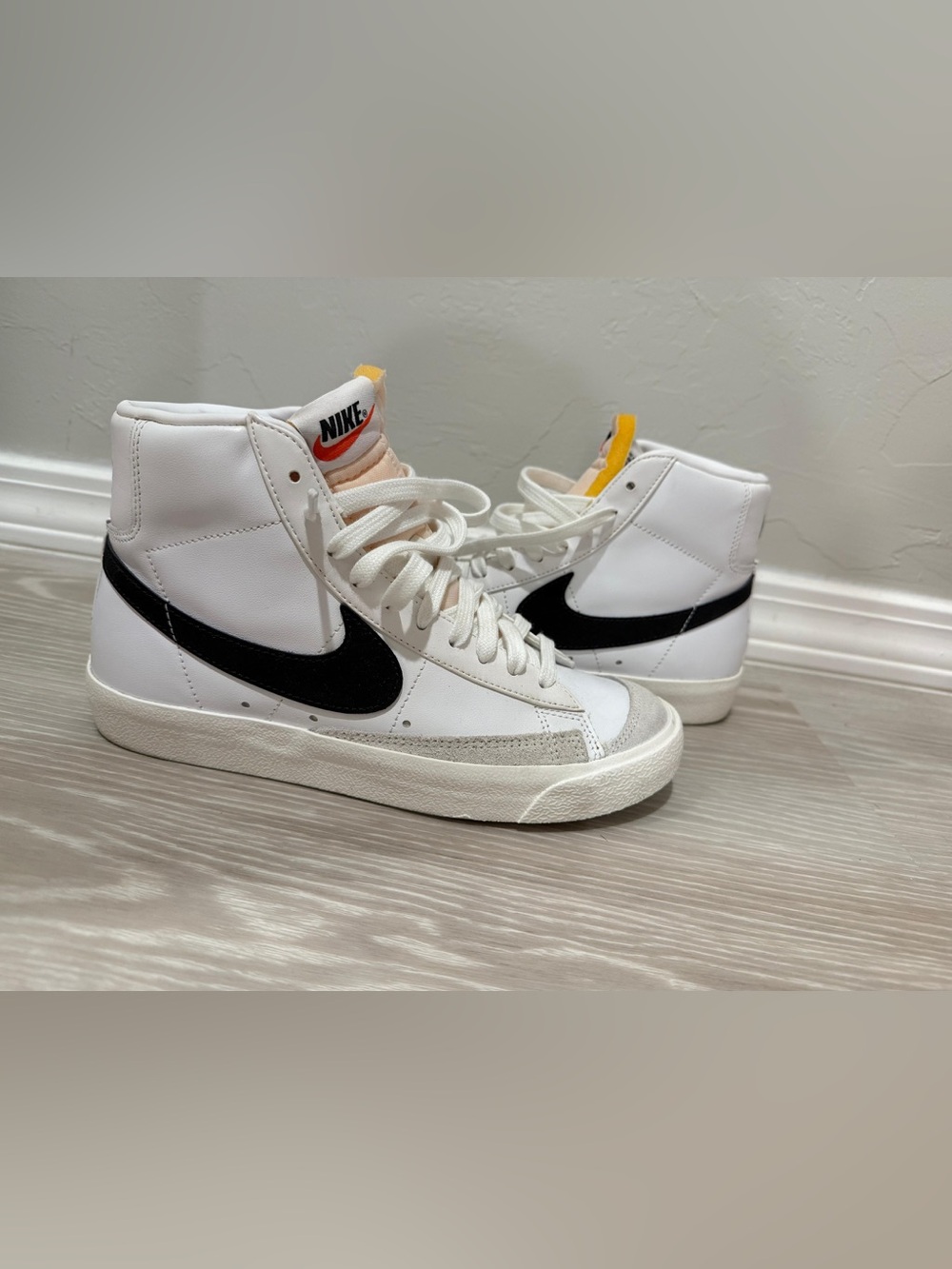 Nike High-Top Sneakers White with Black Swoosh and Yellow Tongue